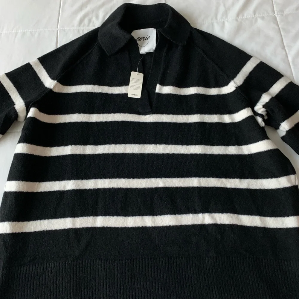Aerie Unreal Polo Sweater Oversized Size XXS Black & White New With Tags - Picture 5 of 10